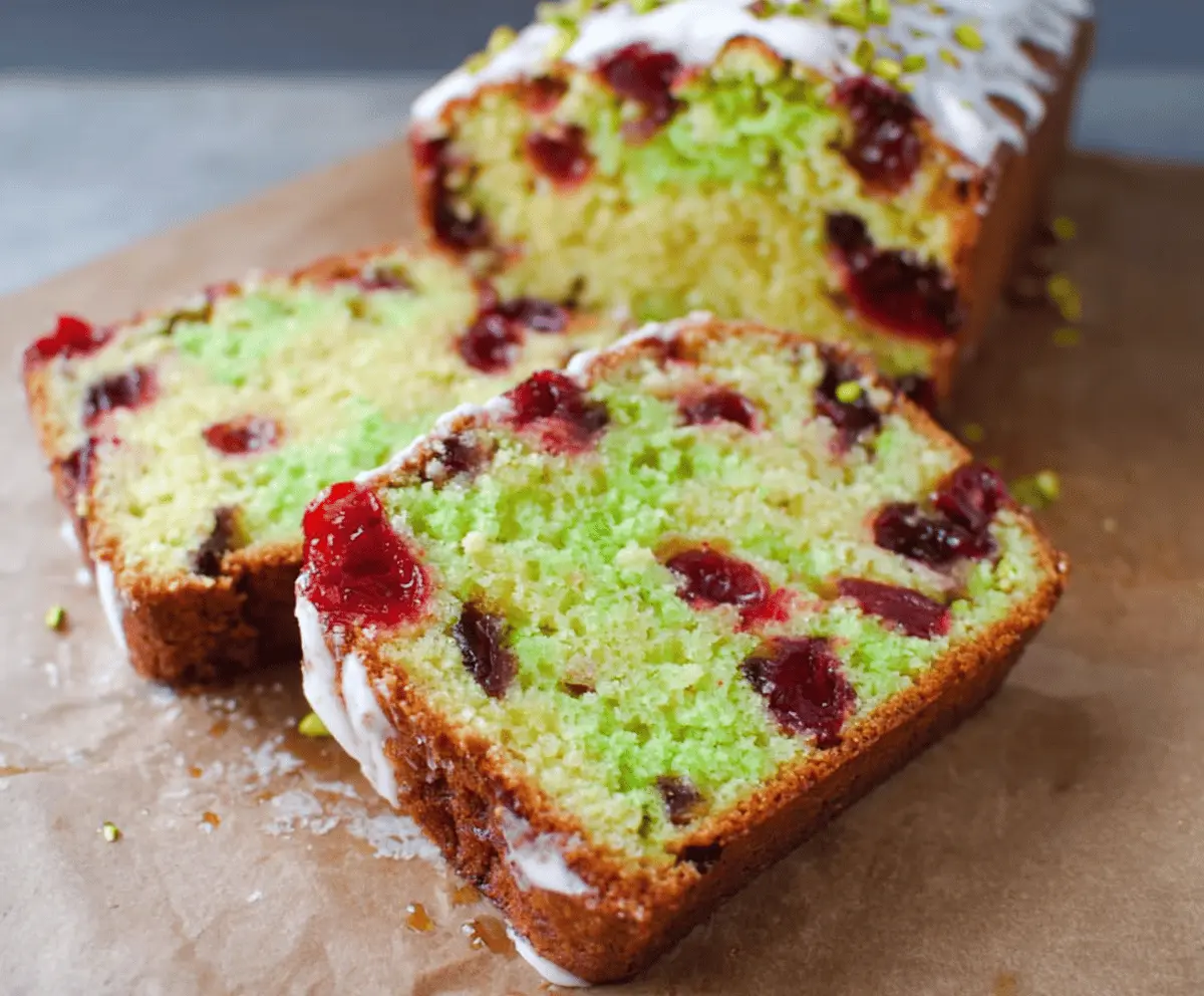 Delicious pistachio cherry bread fresh out of the oven, showcasing vibrant cherries and crunchy pistachios.