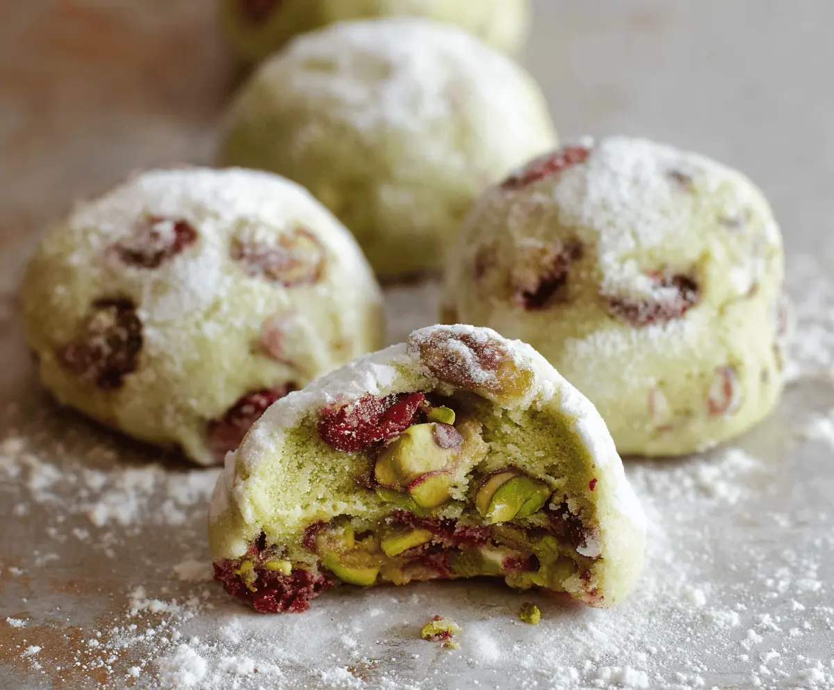Delicious Pistachio Cherry Meltaways cookies with vibrant cherry pieces and chopped pistachios on top.
