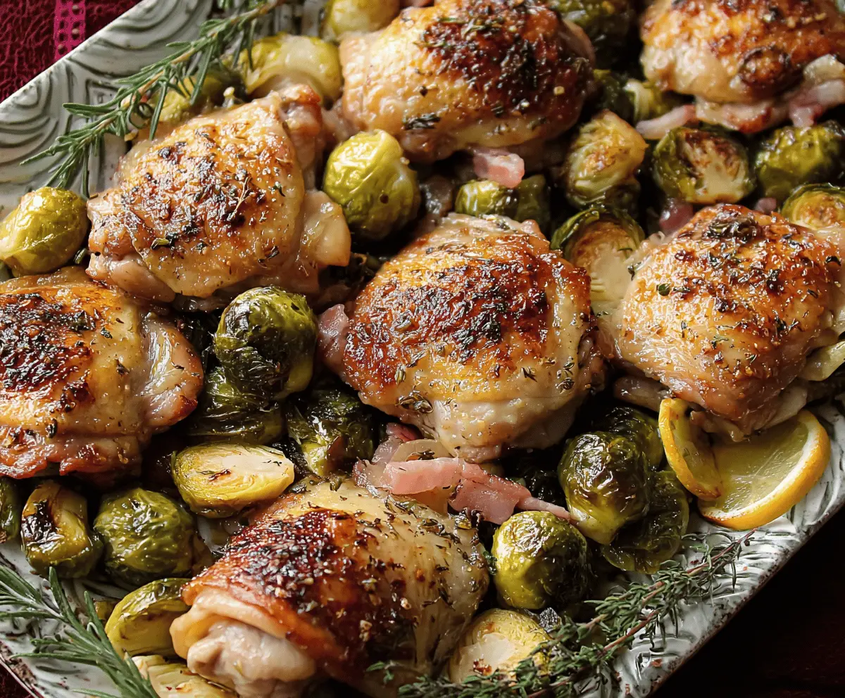 Juicy roasted chicken thighs with crispy Brussels sprouts on a sheet pan for a healthy dinner.