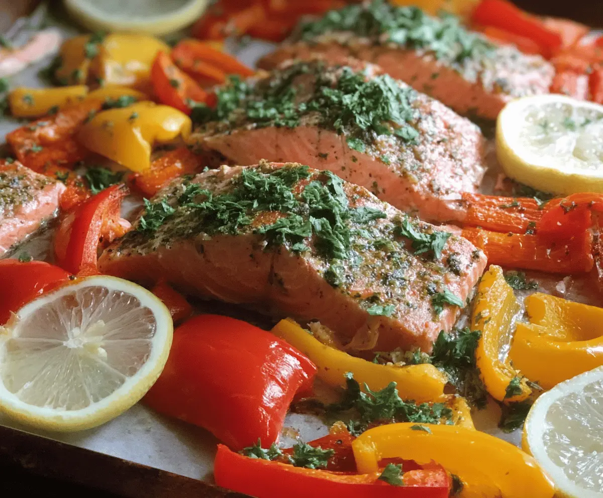 Delicious sheet pan salmon with roasted bell peppers and fresh herbs for a healthy dinner