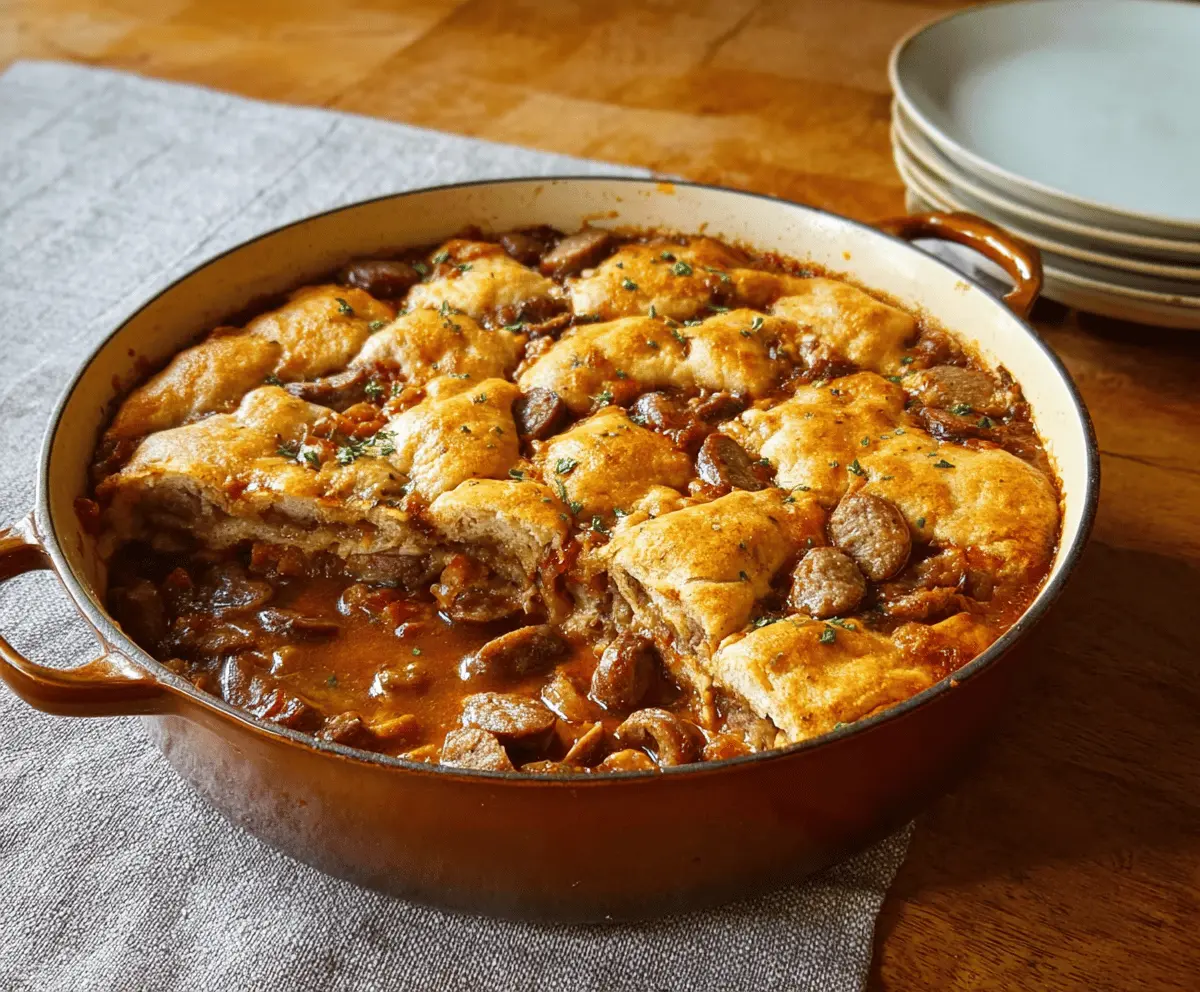 Delicious simple sausage casserole in a baking dish with melted cheese and fresh herbs.
