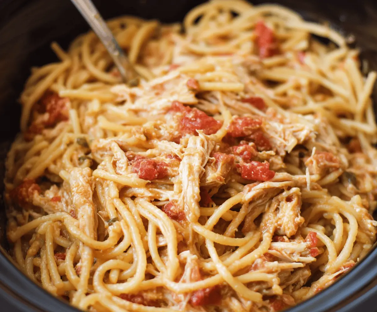 Delicious slow cooker chicken spaghetti served in a bowl, perfect for cozy family dinners.