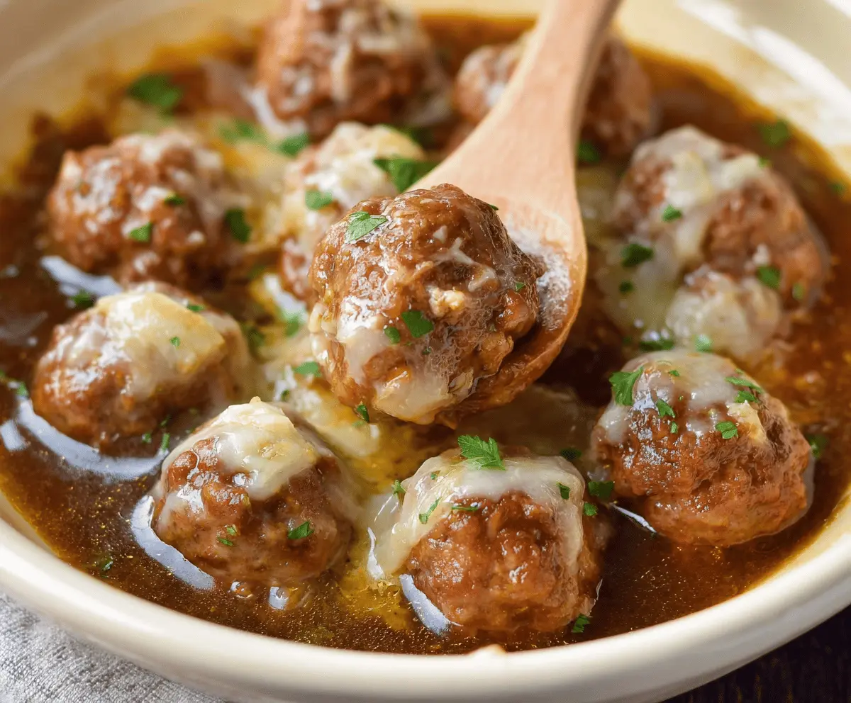 Delicious slow cooker French onion meatballs served with melted cheese and caramelized onions.