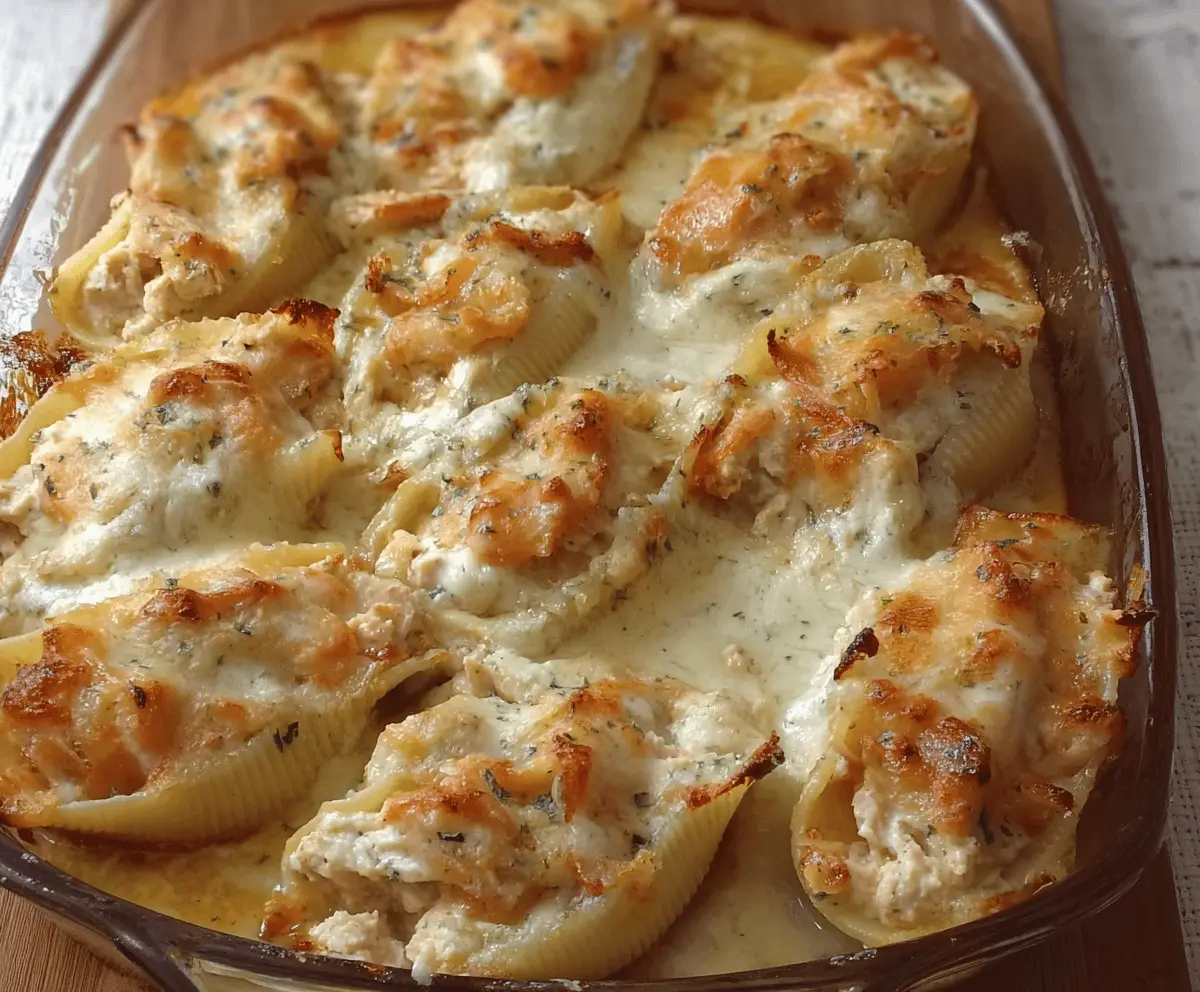 Delicious Thanksgiving leftovers stuffed shells filled with turkey, stuffing, and cheese, ready to enjoy.