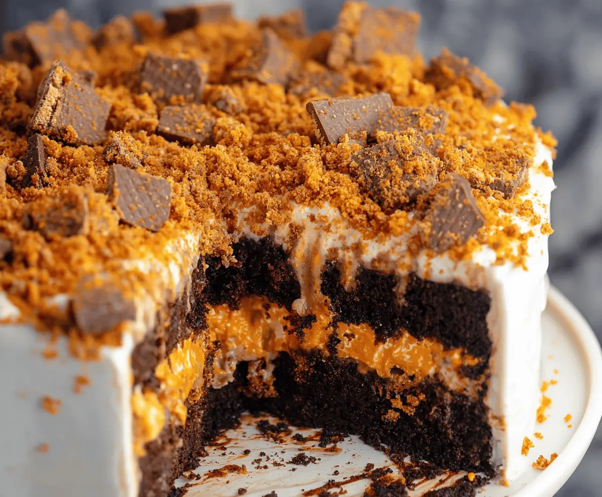Delicious Butterfinger Cake with rich chocolate frosting and crunchy Butterfinger pieces, perfect for dessert lovers.