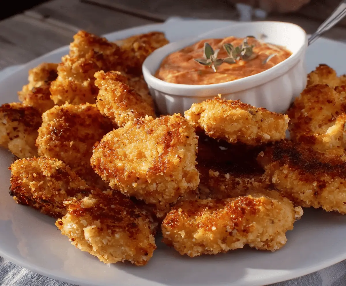 Crispy baked turkey nuggets served with fresh dipping sauce on a white plate.