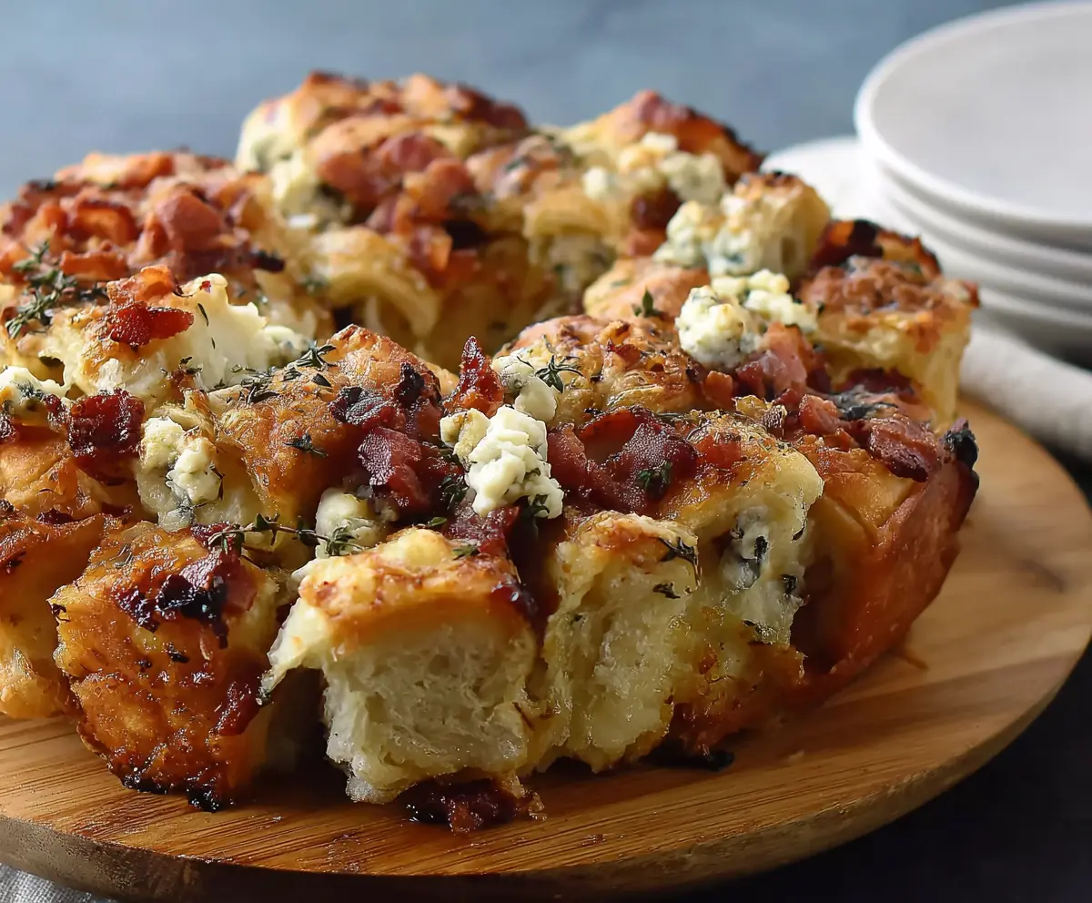 Delicious Bacon Gorgonzola Pull Aparts featuring crispy bacon and creamy gorgonzola cheese in a pull-apart bread.