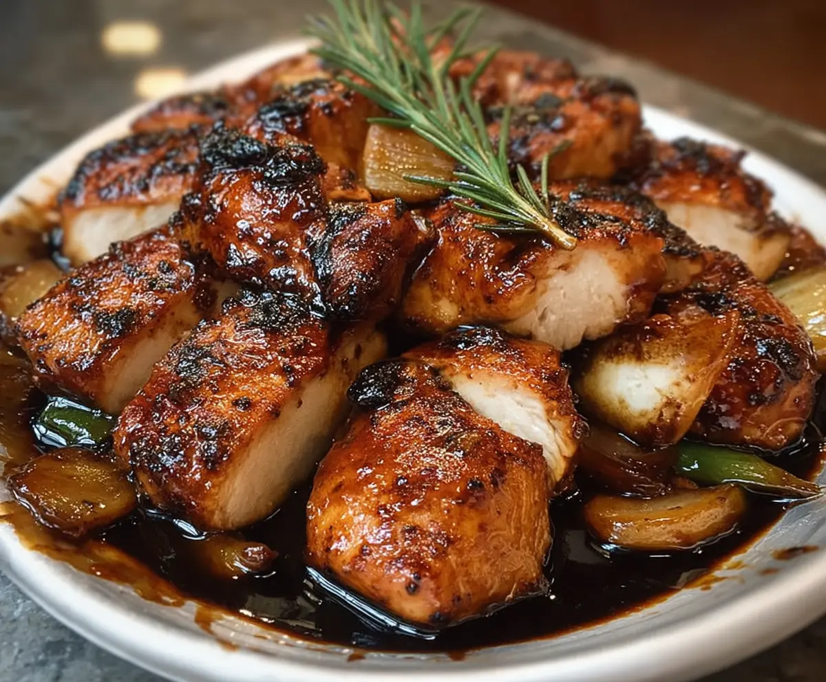 Savory Balsamic Chicken served with fresh herbs on a white plate