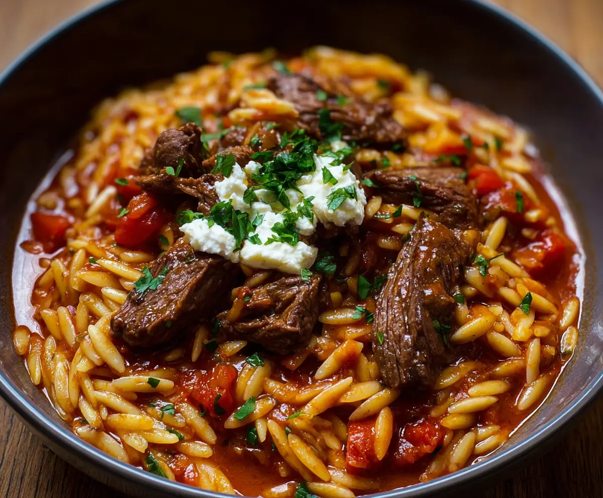 Delicious Beef Giouvetsi with Orzo pasta served in a rustic bowl, garnished with fresh herbs.