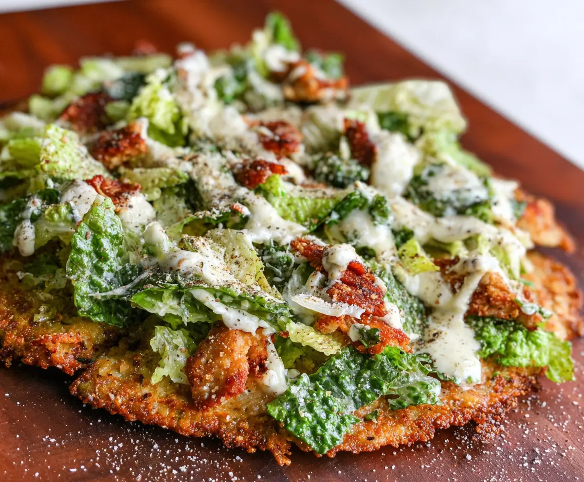 Delicious Chicken Crust Caesar Salad Pizza topped with fresh romaine and grated Parmesan cheese.