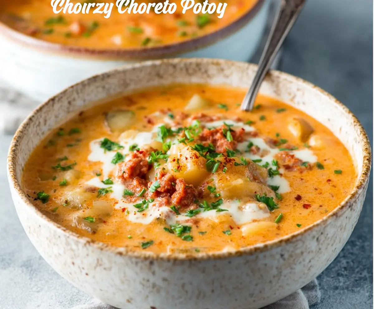 Creamy chorizo and potato soup served in a bowl, garnished with fresh herbs.