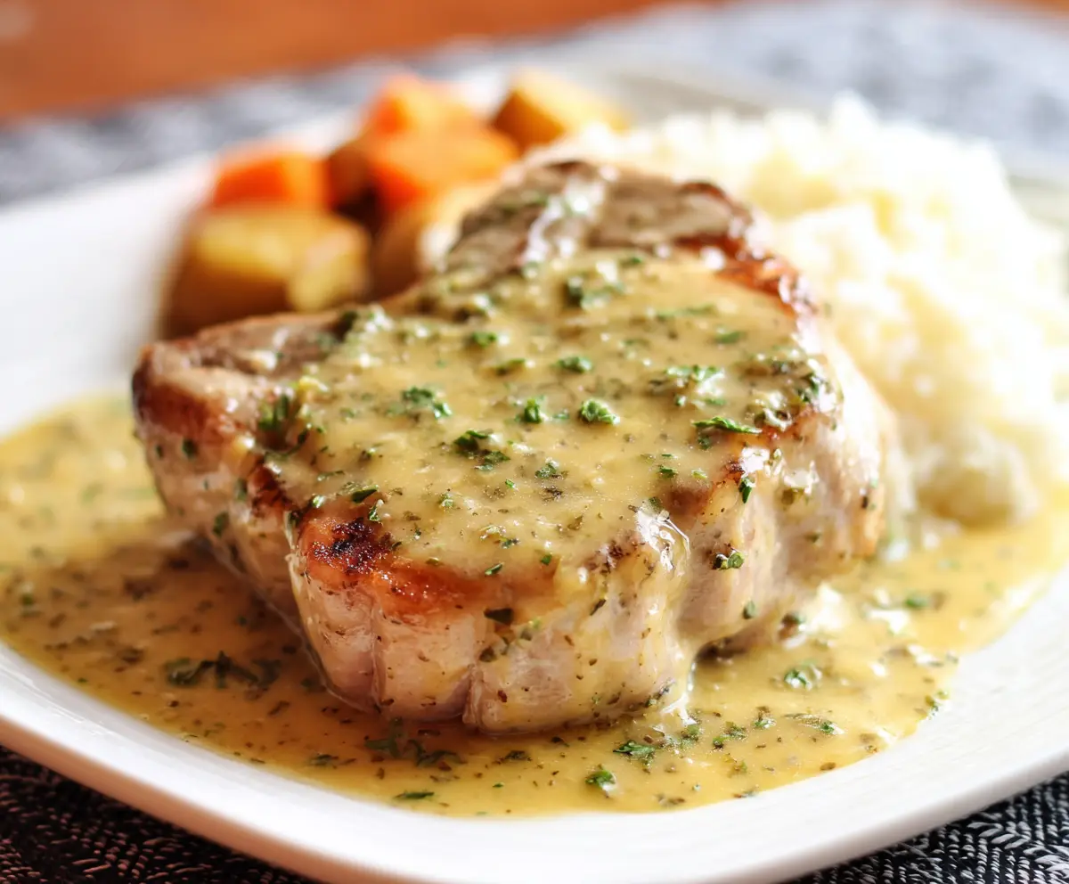 Juicy Crock Pot Ranch Pork Chops served with fresh herbs on a white plate.