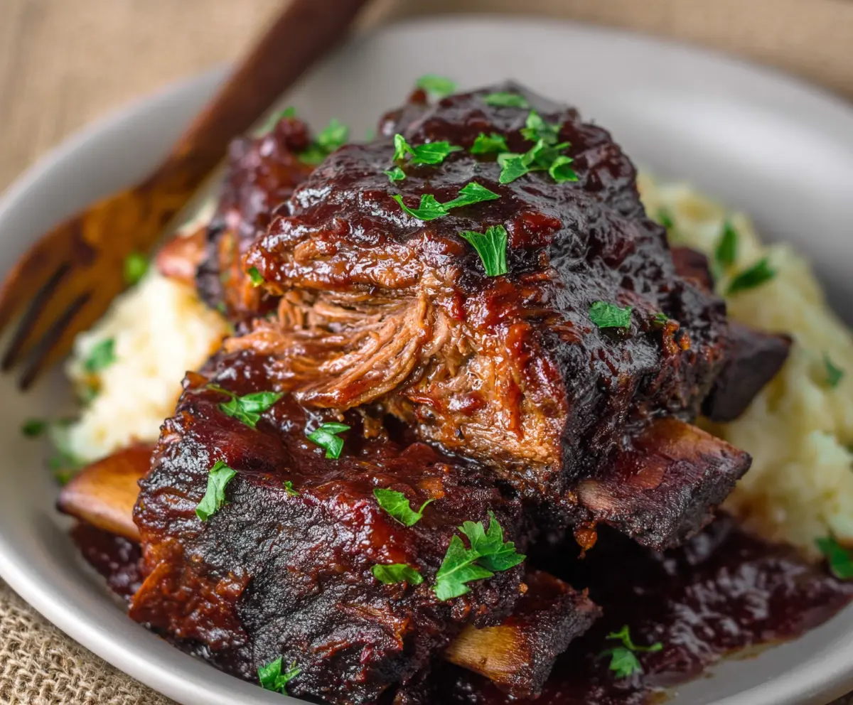 Tender Crockpot BBQ Beef Ribs served with a smoky glaze and fresh herbs