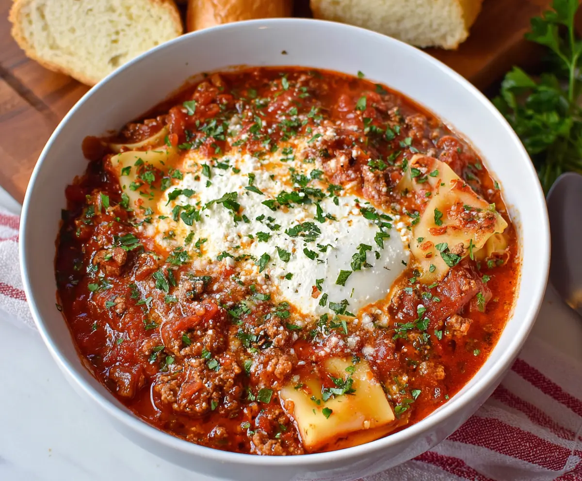 Hearty Crockpot Lasagna Soup served in a bowl with melted cheese and fresh herbs.
