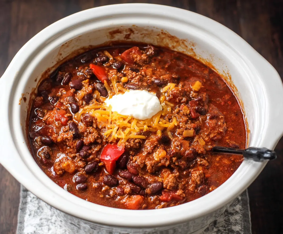 Delicious crockpot root beer chili in a bowl with fresh toppings, ready to serve