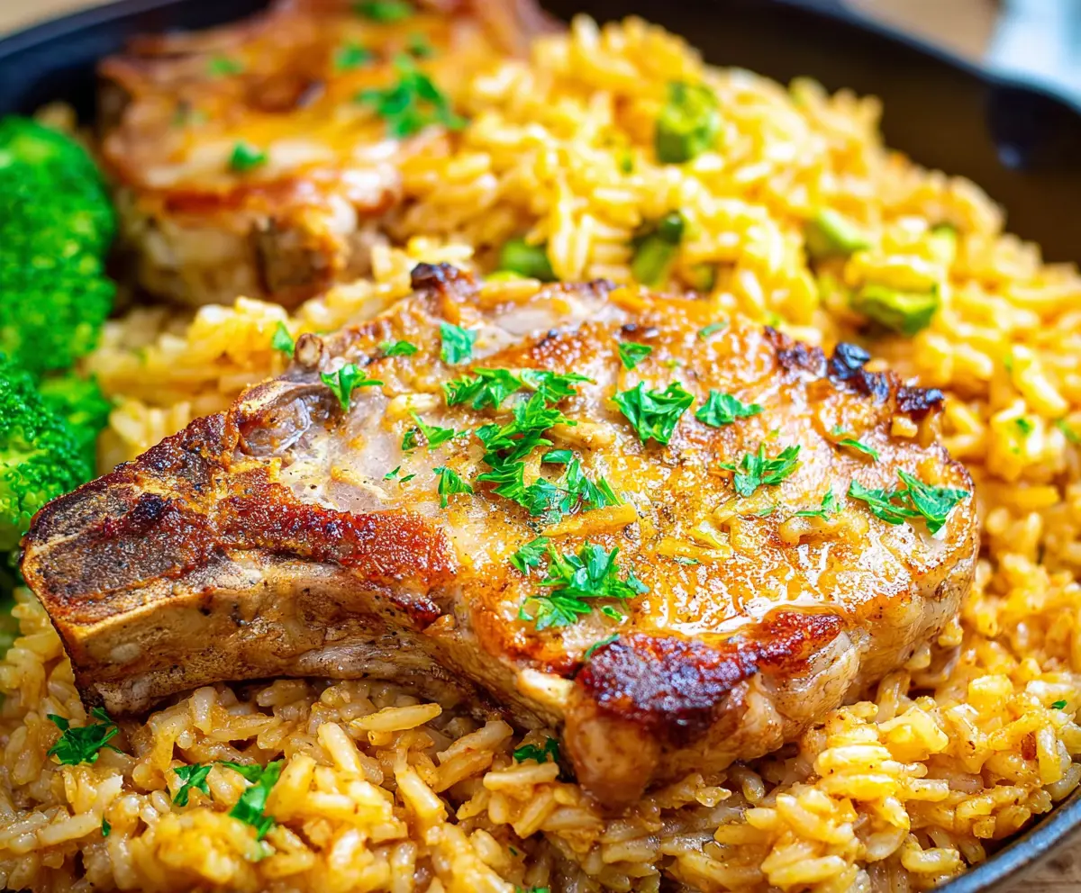Savory pork chops served with a flavorful rice casserole, perfect for a hearty meal.