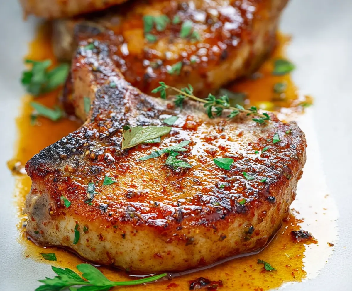 Juicy oven-baked pork chops served on a plate with herbs and seasoning.