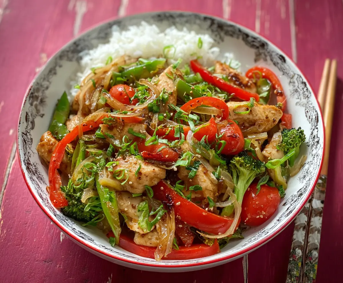 Delicious garlic chicken stir fry with colorful vegetables in a skillet