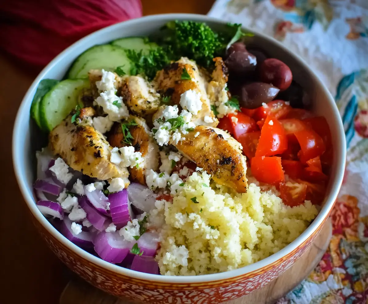 Delicious Greek Chicken Bowls with fresh vegetables and creamy sauce served in a bowl
