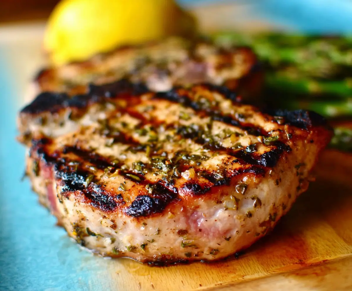 Juicy grilled lemon herb pork chops served with fresh herbs on a dinner plate.