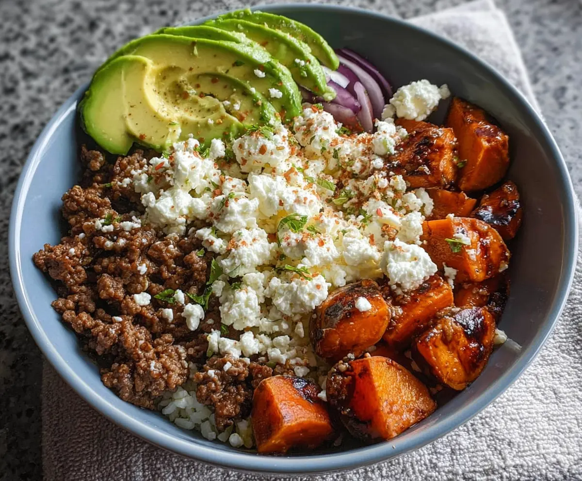 Healthy Ground Beef Power Bowl with Avocado and Cottage Cheese for a nutritious meal.