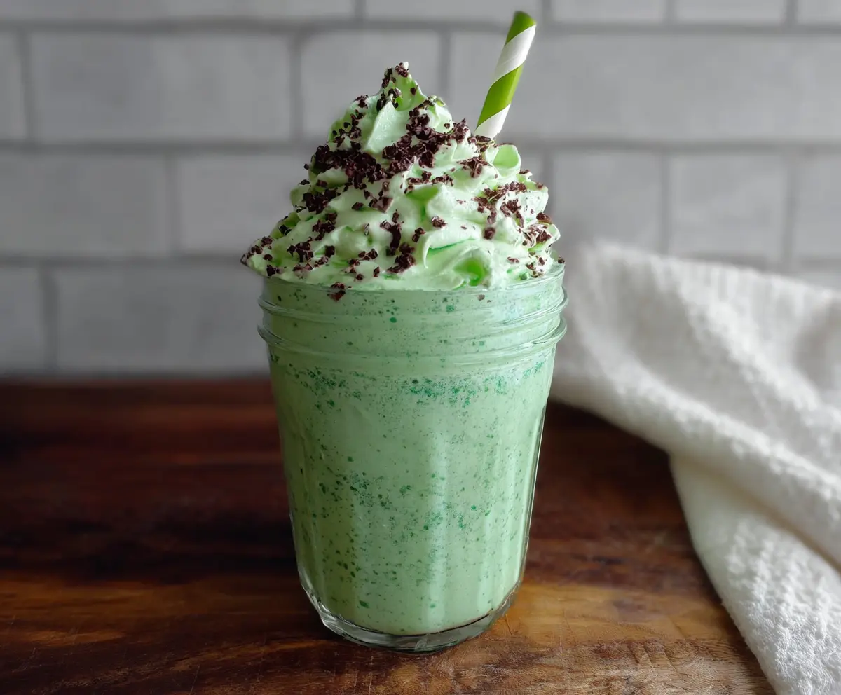 High protein shamrock shake with green spinach, protein powder, and almond milk for a nutritious dessert.