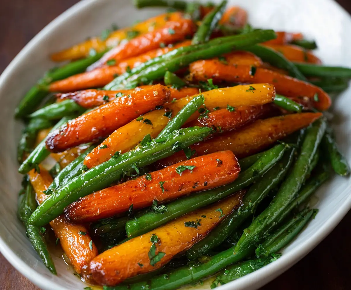 Delicious honey glazed carrots and green beans served as a healthy side dish.