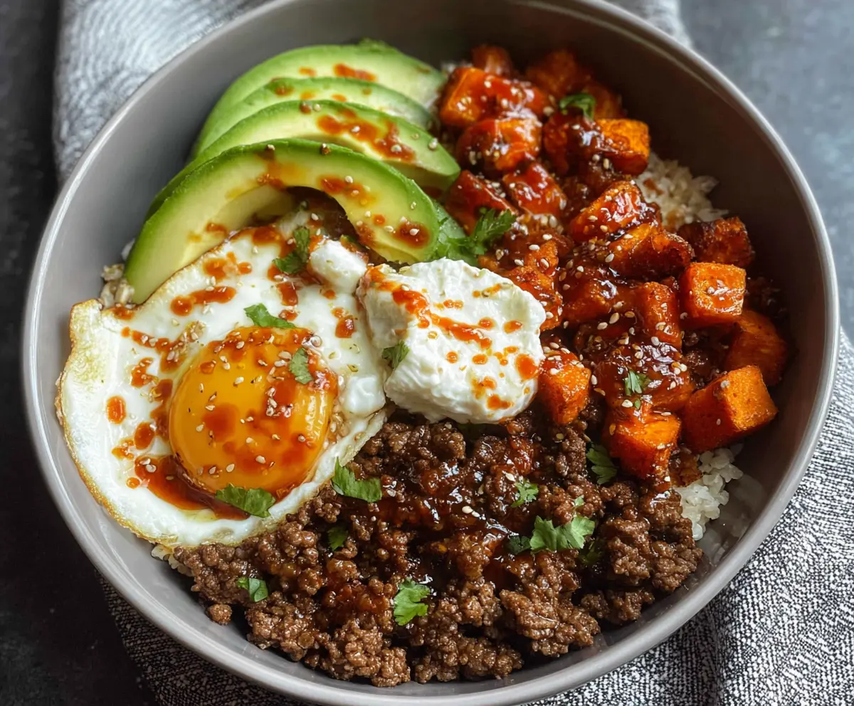 Delicious hot honey ground beef bowls served with fresh vegetables and rice.