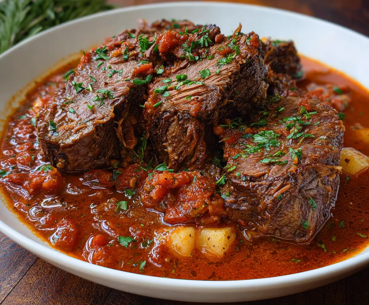 Delicious Italian Pot Roast (Straccato) served with tender vegetables on a rustic plate