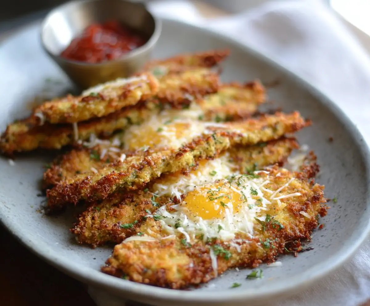 Baked low carb crispy eggplant parmesan with melted cheese and fresh basil.
