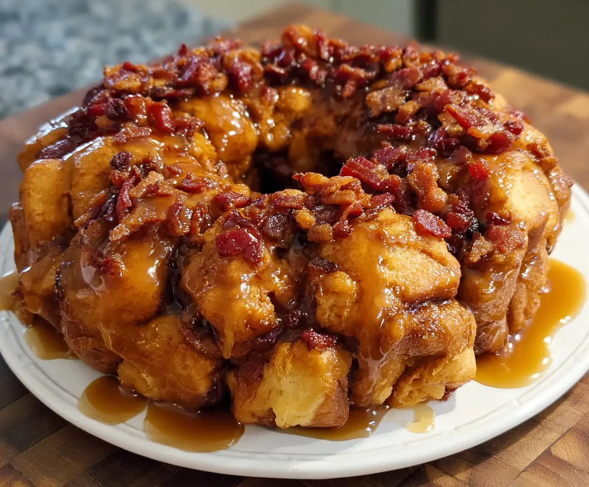 Delicious Maple Bacon Monkey Bread topped with crispy bacon pieces for a sweet and savory treat