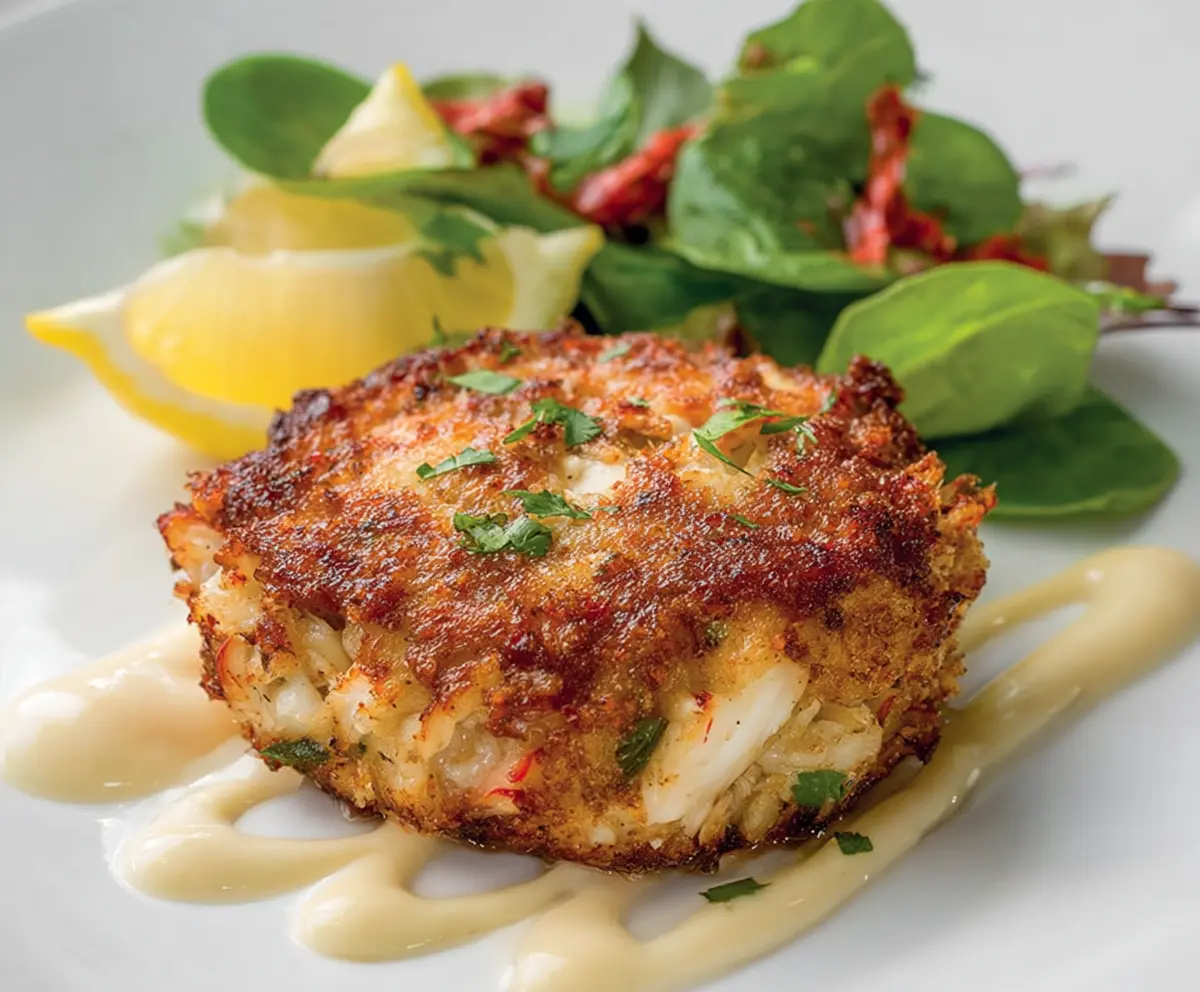 Delicious Maryland style crab cake served on a plate with lemon wedge and fresh greens