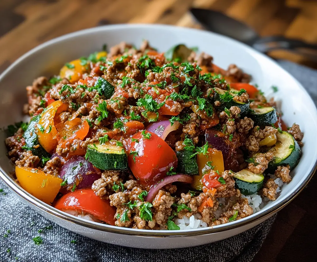 Mediterranean ground beef stir-fry with colorful vegetables and herbs in a skillet.