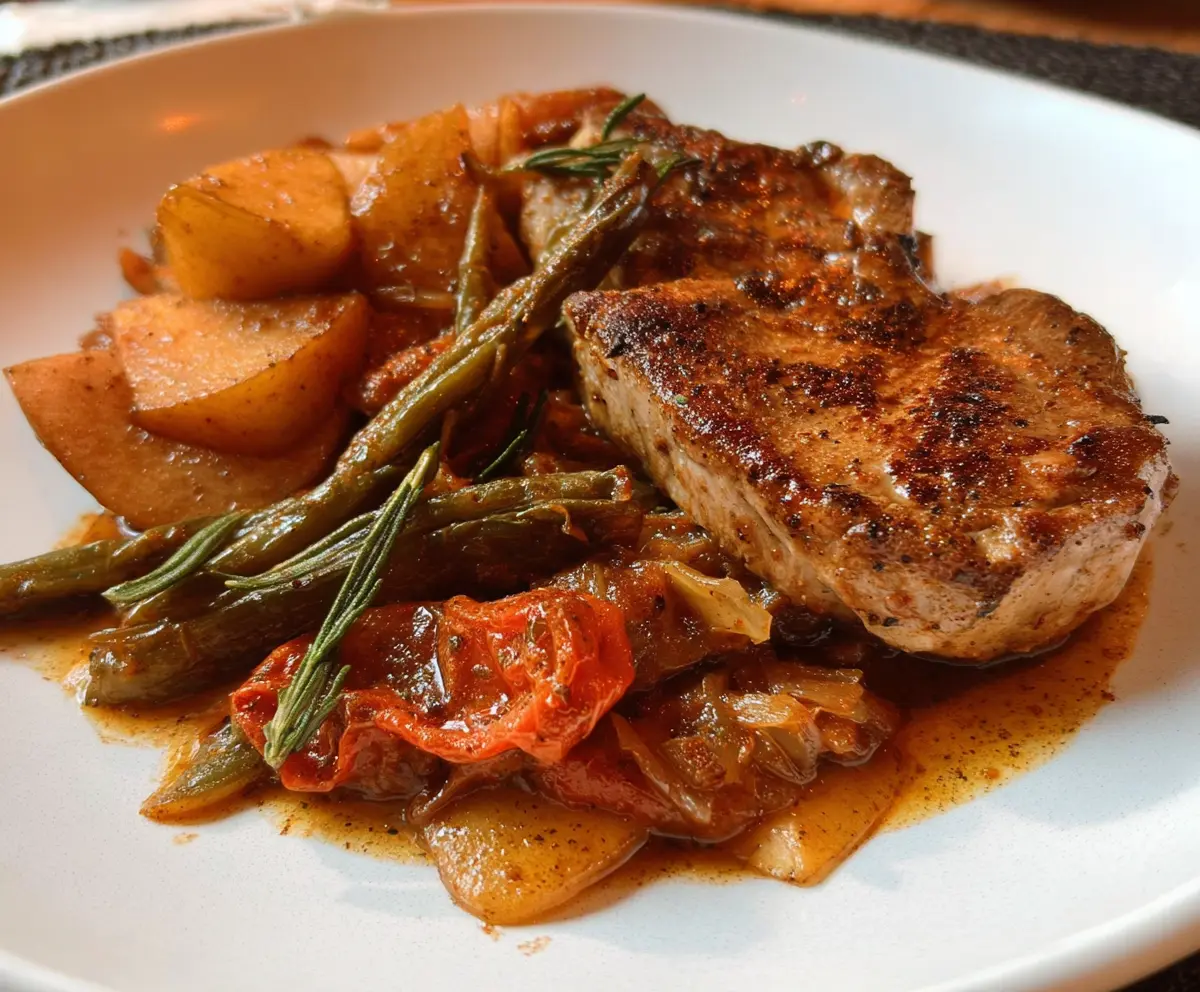 Delicious Mediterranean pork dish with apples, herbs, and vegetables served on a plate.