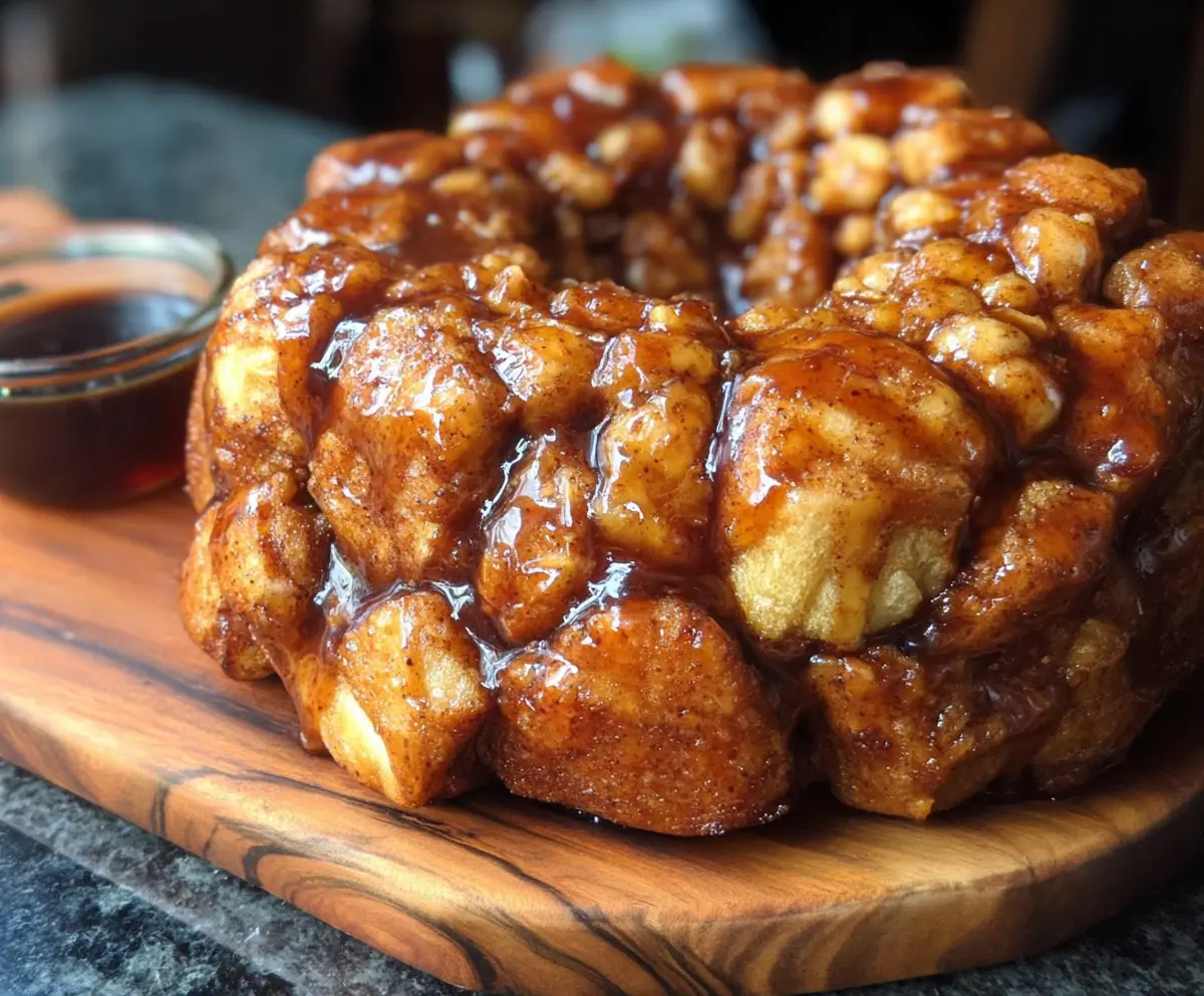 Delicious Monkey Bread with a Twist topped with caramel and nuts for a sweet breakfast treat.