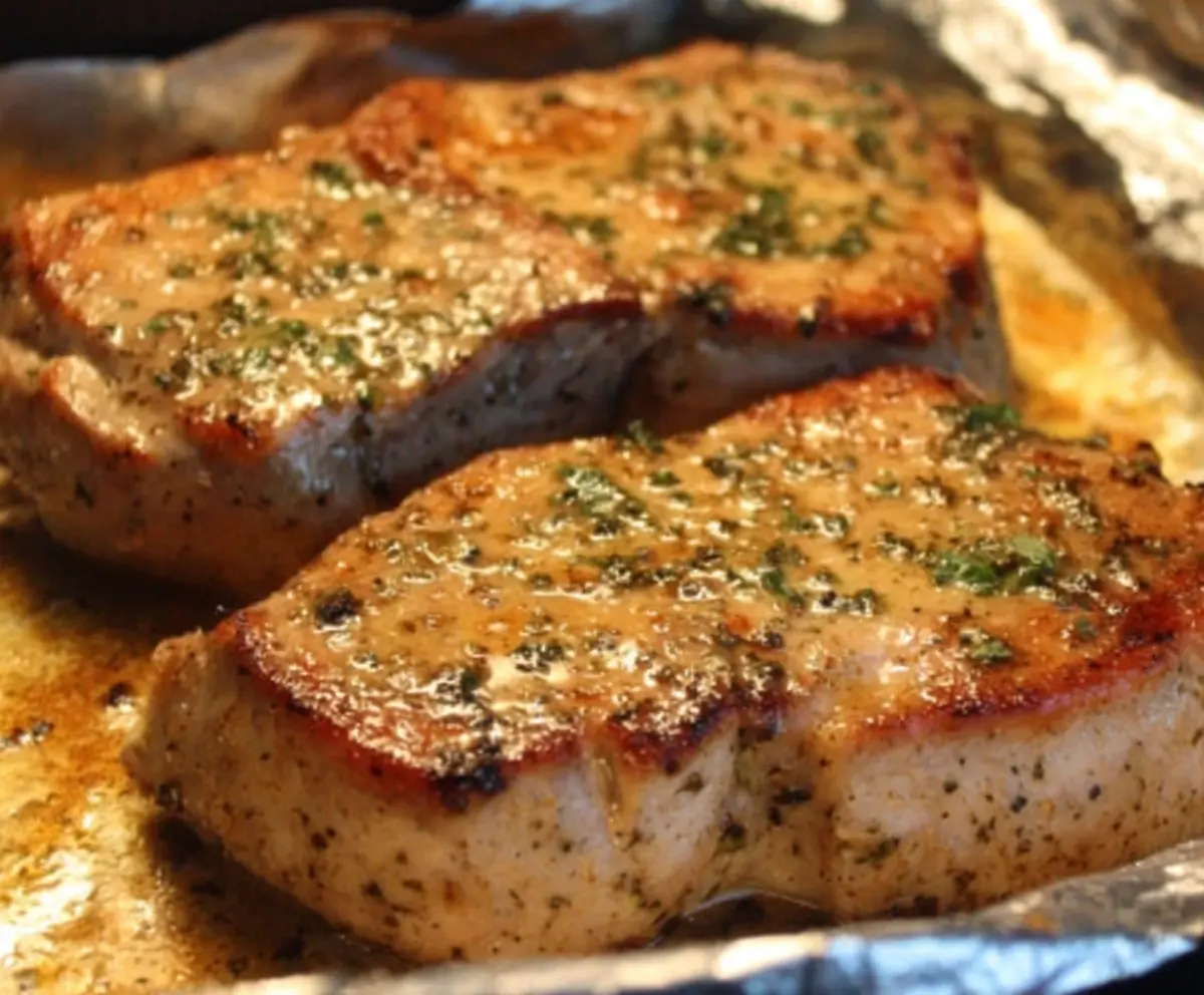Delicious oven baked ranch pork chops served on a white plate with herbs