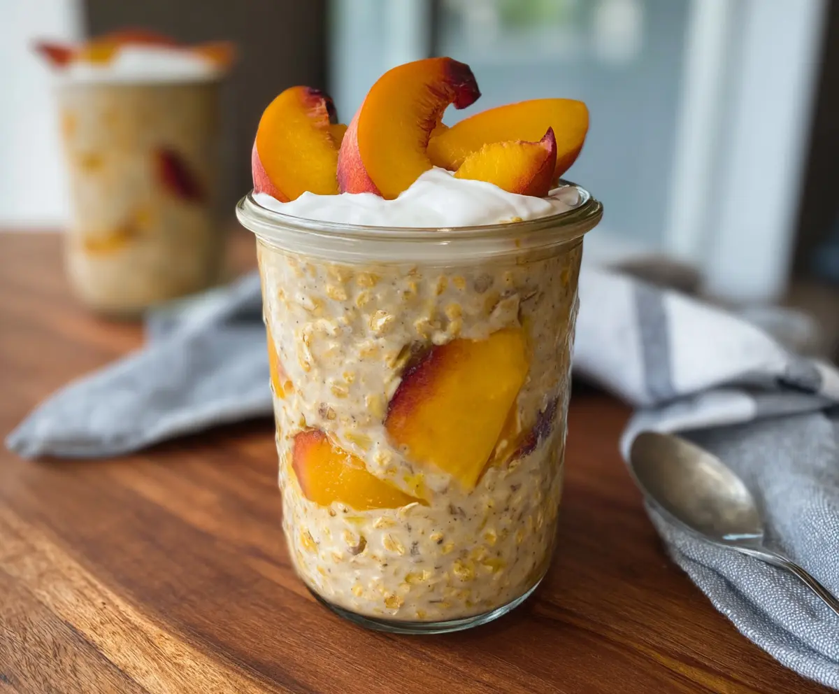 Delicious Peaches & Cream Overnight Oats topped with fresh peach slices and a drizzle of cream in a glass jar