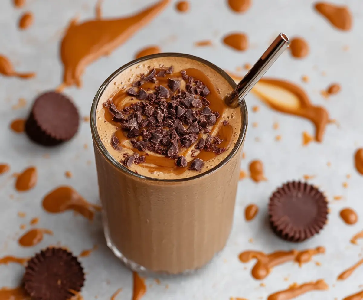 Creamy Peanut Butter Cup Smoothie with chocolate and banana toppings, perfect for a quick breakfast or snack.