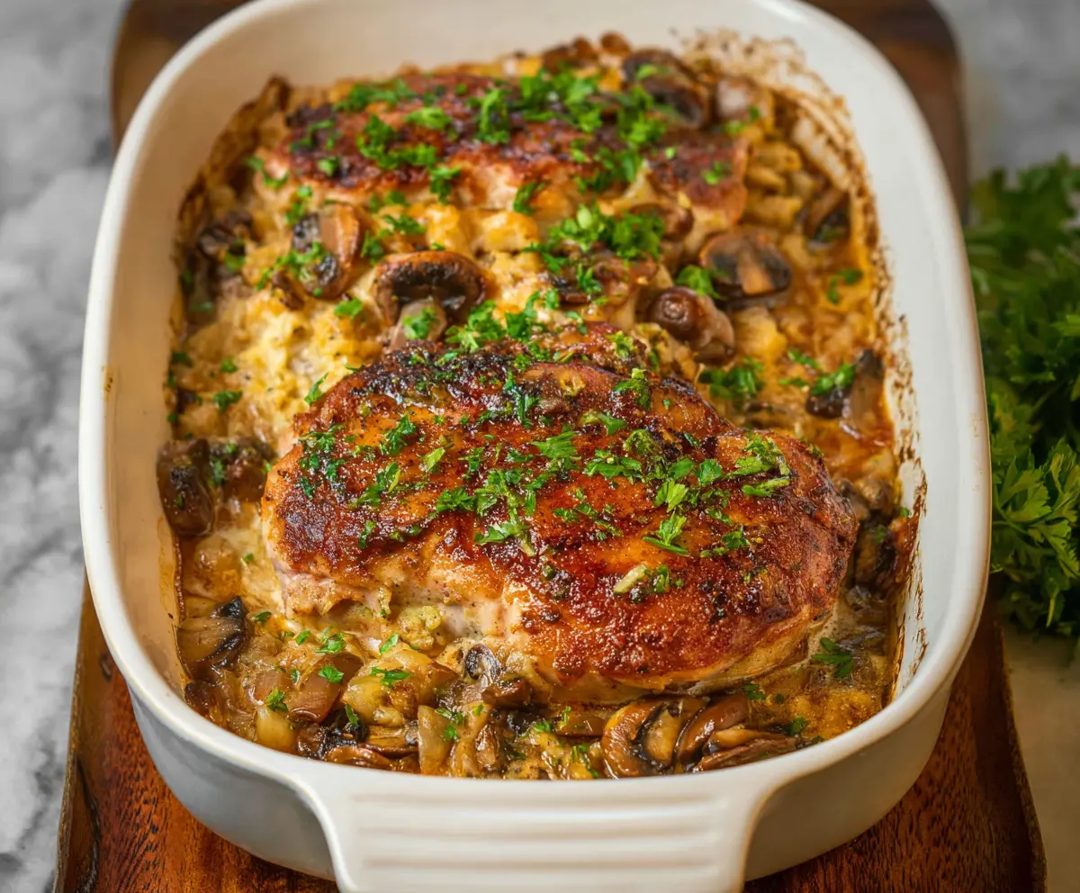 Delicious pork chop casserole with golden-brown top and savory ingredients, perfect for a hearty meal.