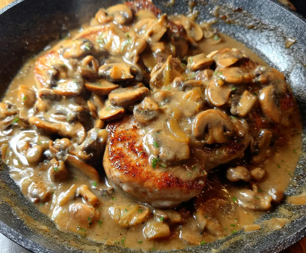 Succulent pork chops topped with rich mushroom and shallot gravy, served on a plate.