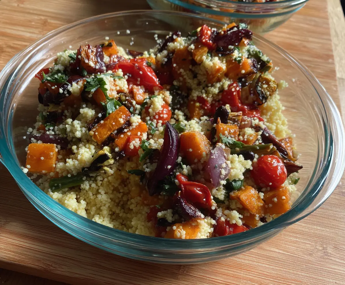 Colorful roast vegetable couscous salad with cherry tomatoes, bell peppers, and zucchini on a white plate, fresh and healthy.