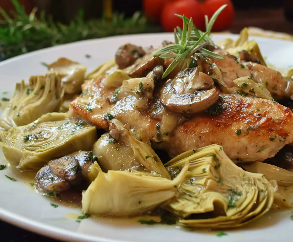 Delicious Romantic Chicken with Artichokes and Mushrooms on a plated dish.