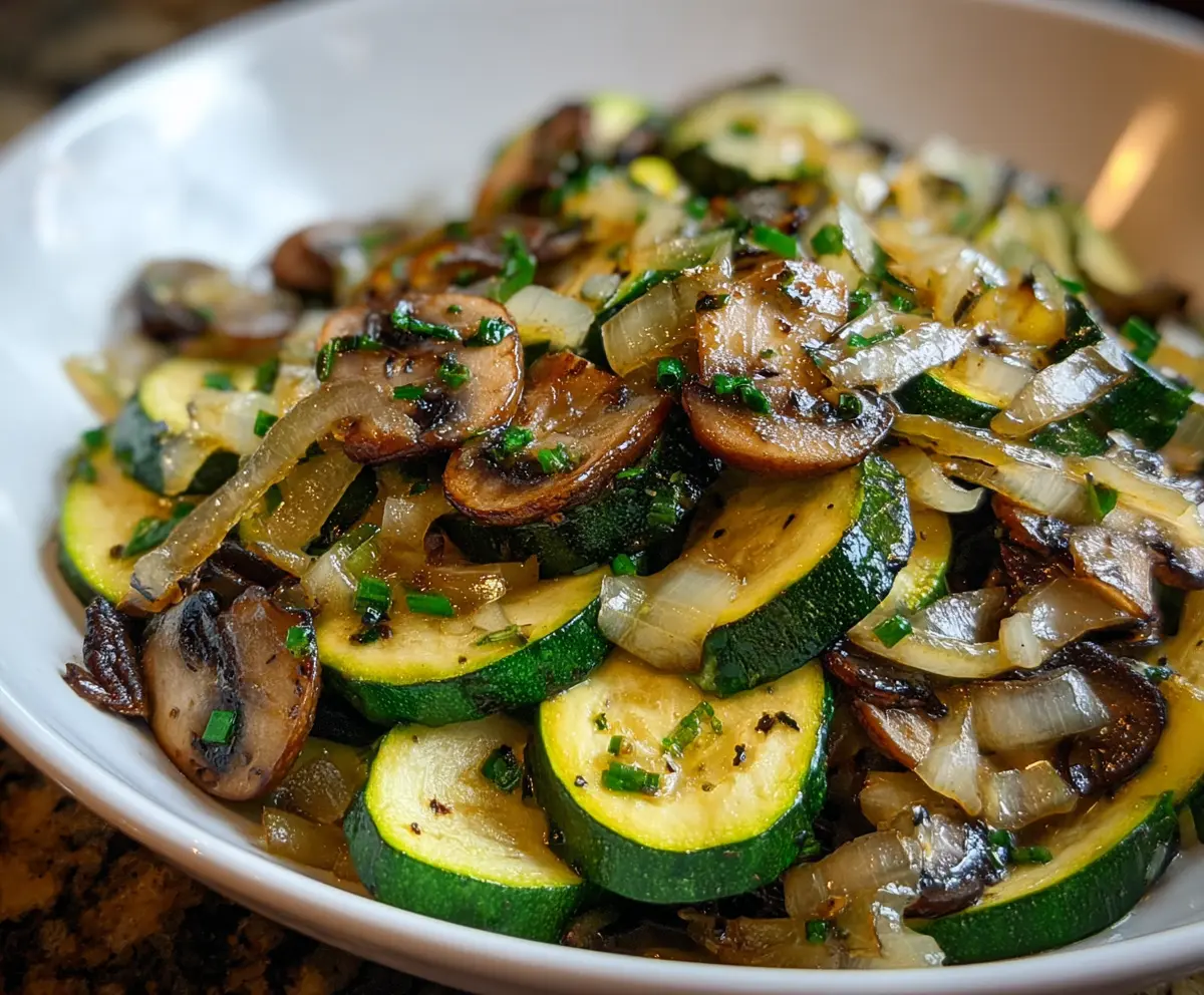 Delicious sautéed zucchini, mushrooms, and onions served on a plate for a healthy side dish.