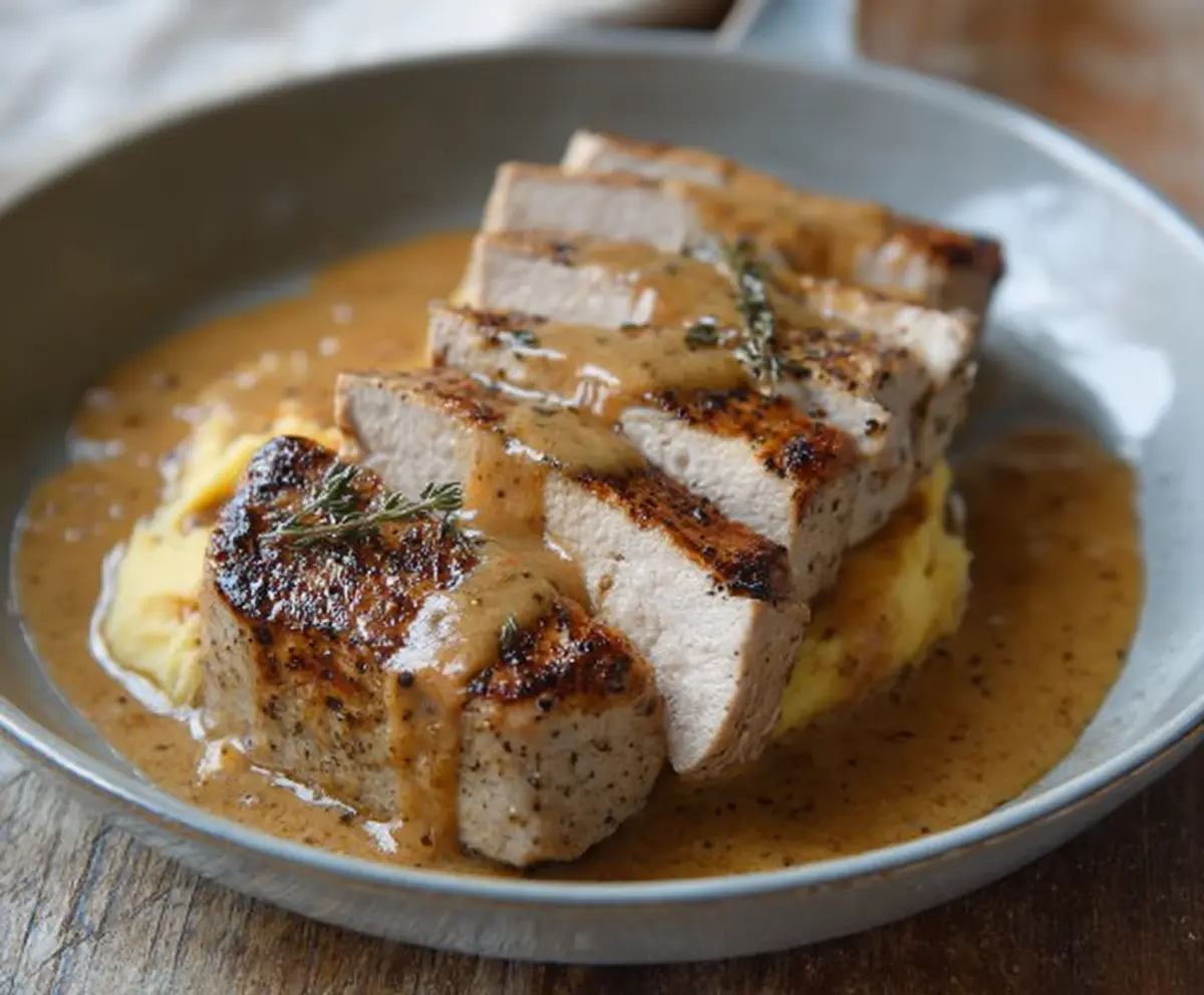 Juicy skillet pork chops topped with rich pan gravy served on a rustic plate.