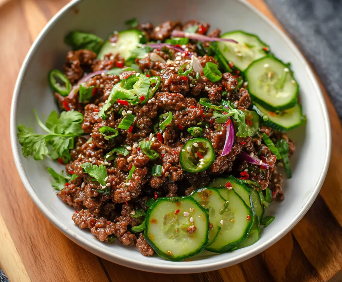 Spicy Keto Korean Ground Beef with Cucumber Salad