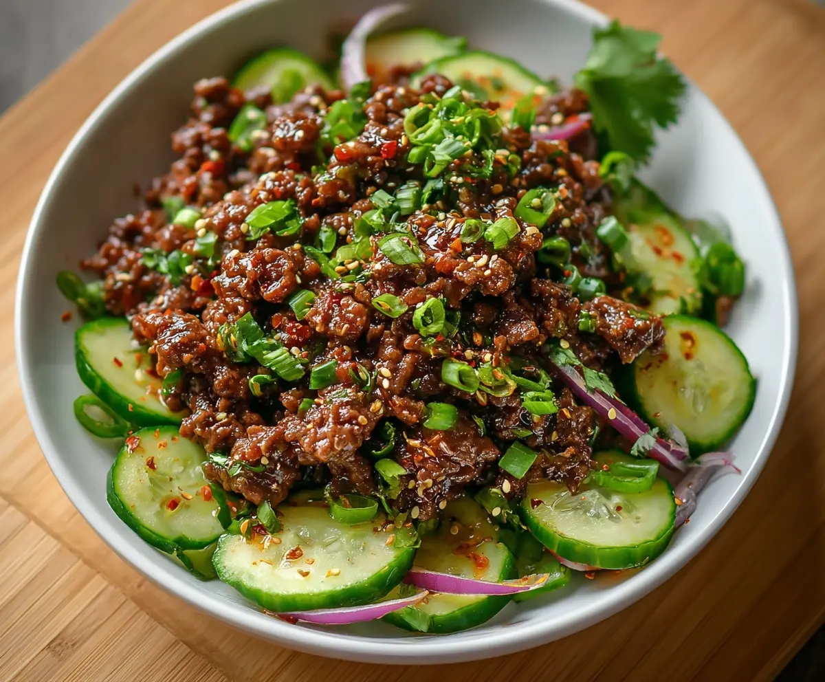 Delicious spicy keto Korean ground beef served with fresh cucumber salad.
