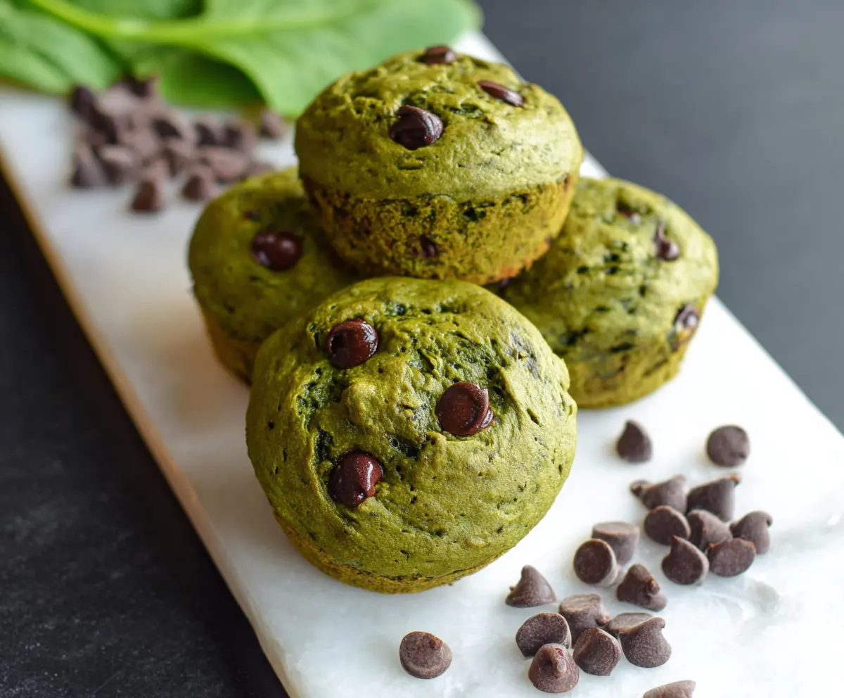 Healthy spinach chocolate chip protein muffins, perfect for a nutritious breakfast or snack.