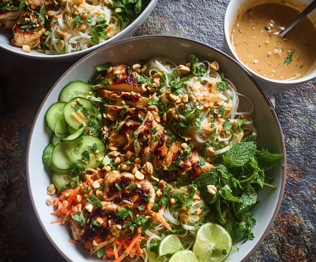 Delicious Thai Peanut Chicken Noodle Bowls with fresh vegetables and creamy peanut sauce.