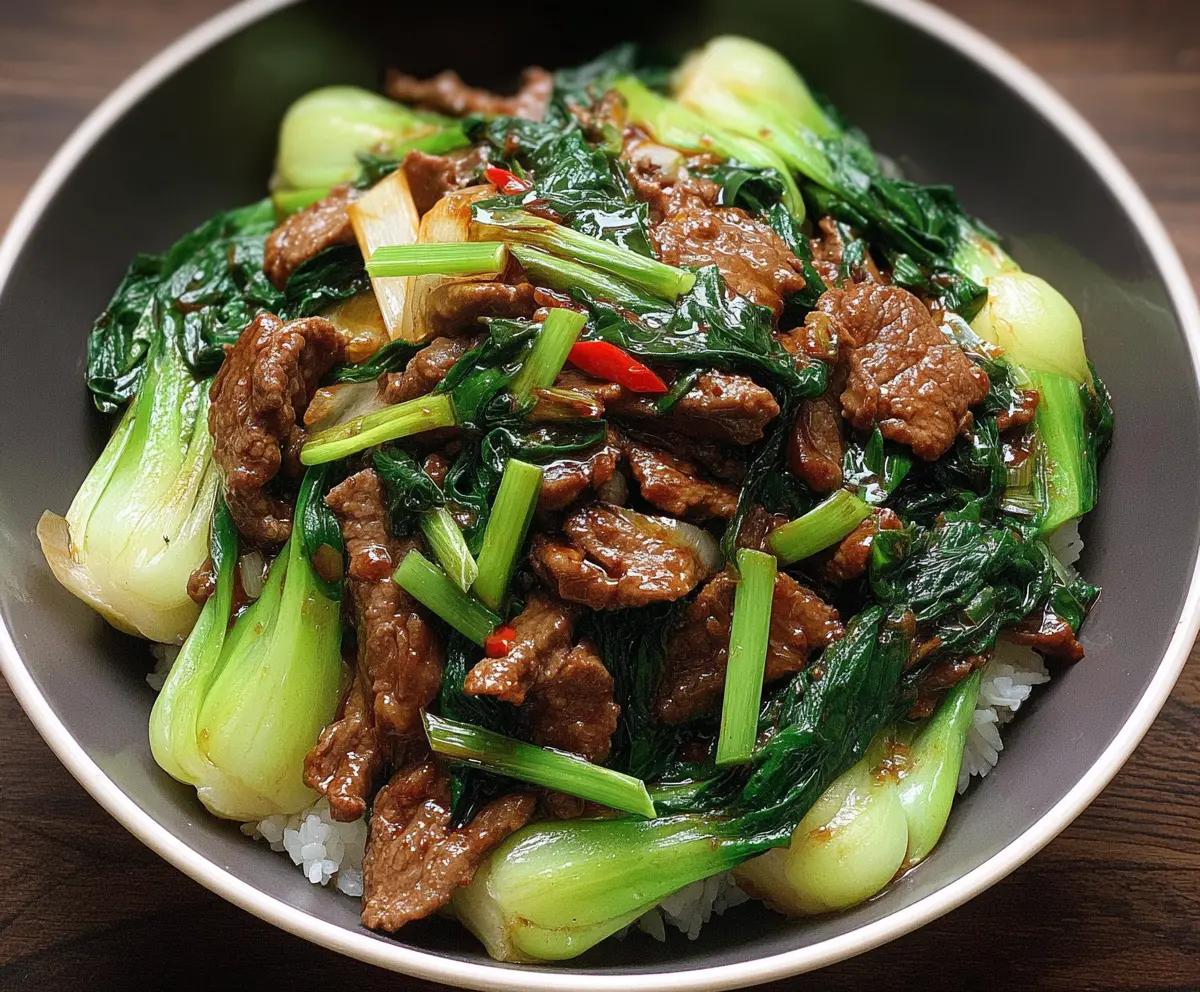 Delicious bok choy stir-fried beef dish featuring fresh vegetables and savory sauce.