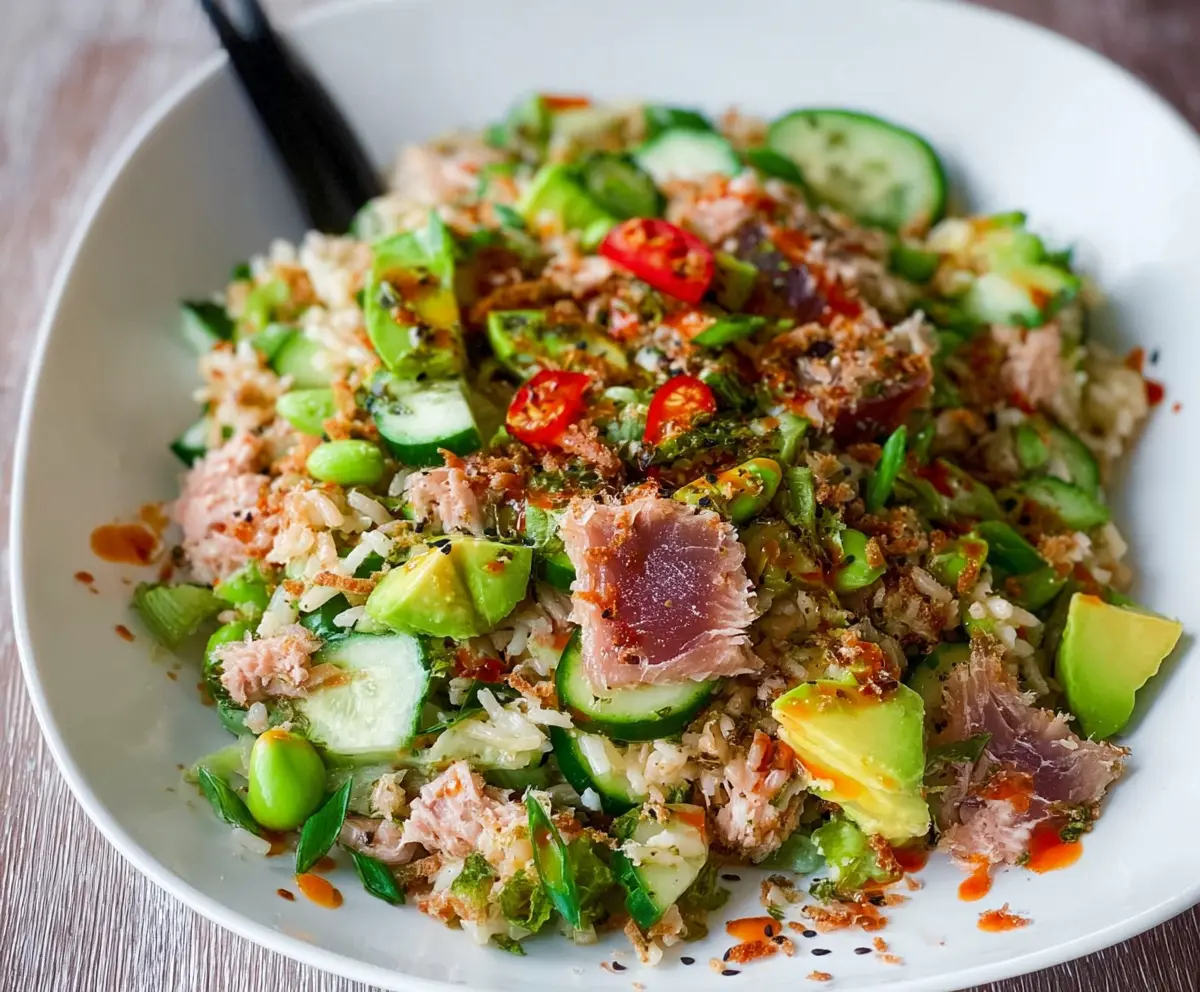 Delicious Tuna Avocado Crispy Rice Salad with fresh ingredients and crispy rice texture